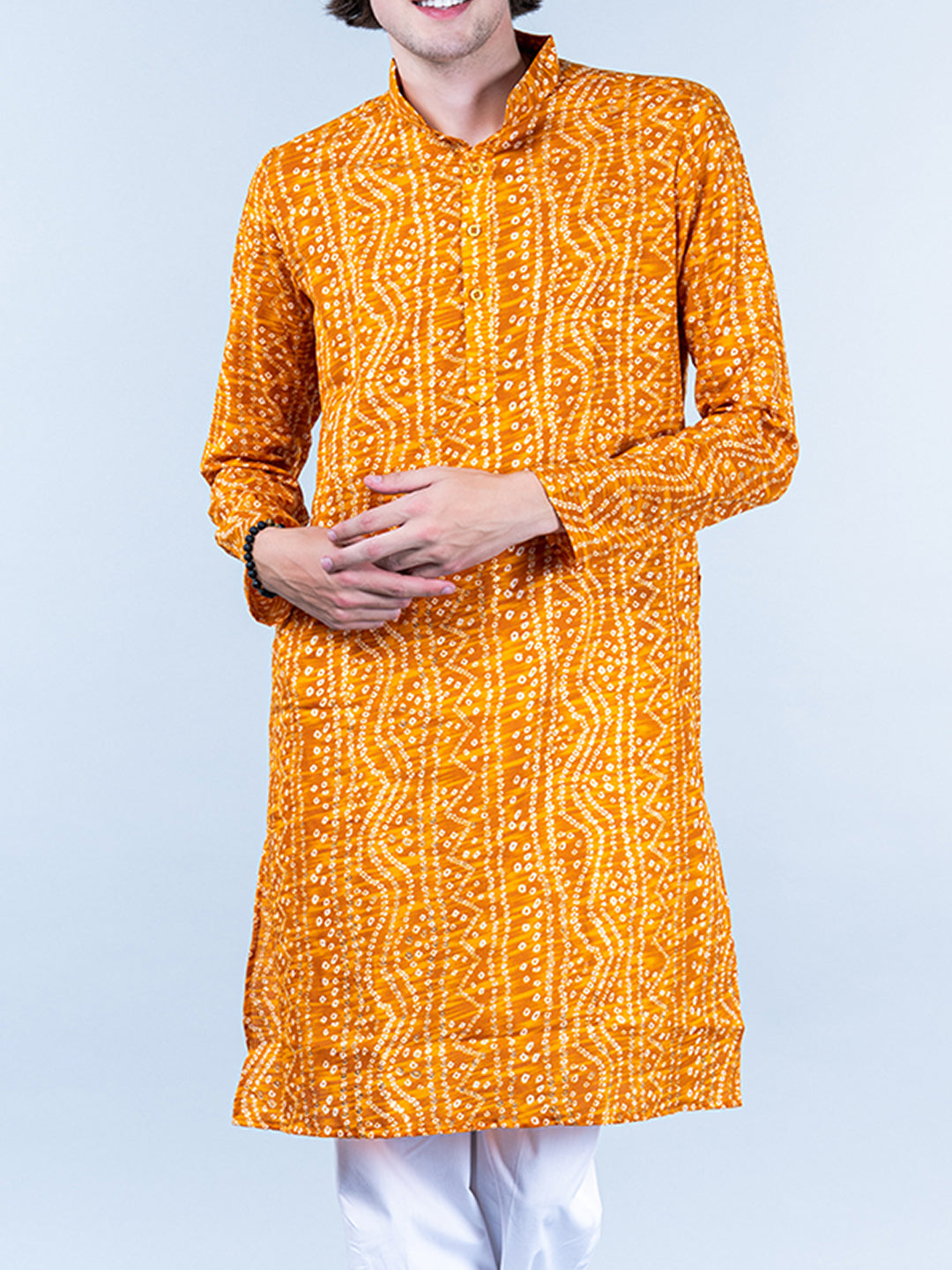 Yellow Bandhani Printed Mens Cotton Kurta