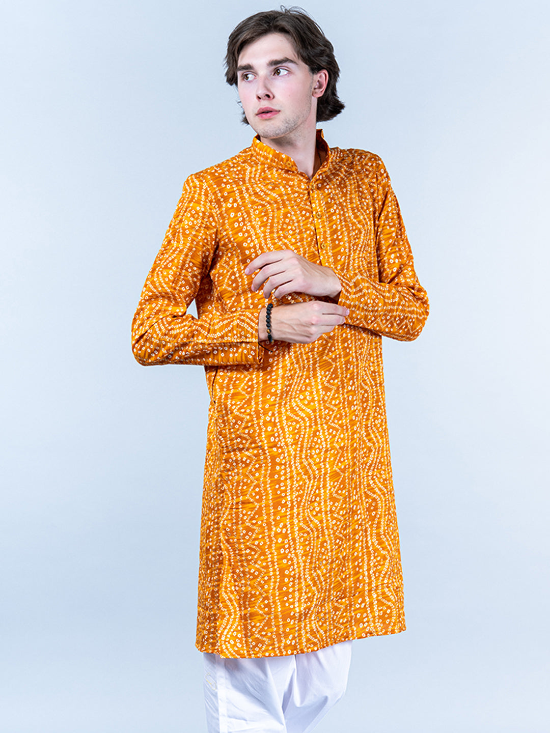 Yellow Bandhani Printed Mens Cotton Kurta