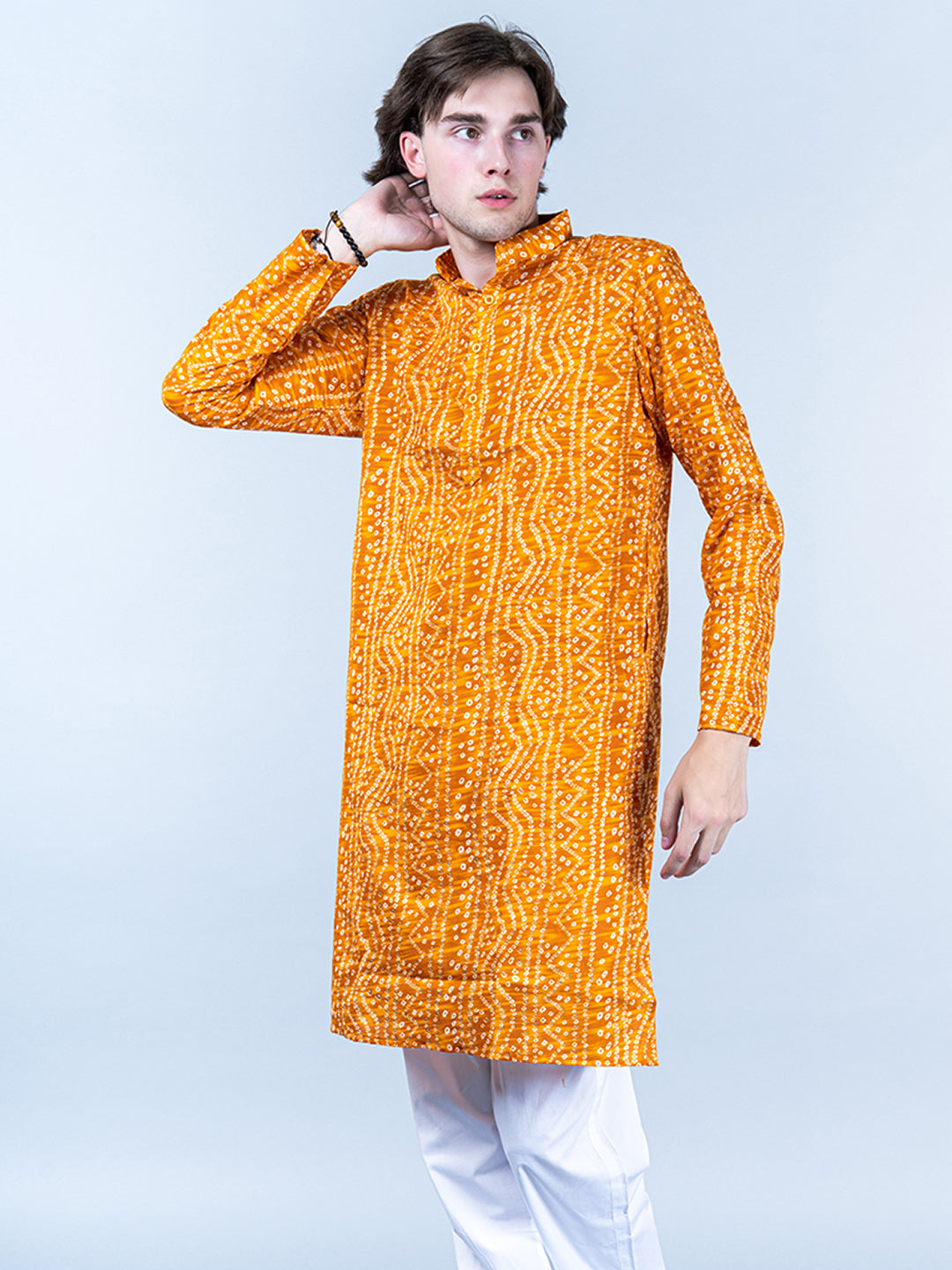 Yellow Bandhani Printed Mens Cotton Kurta