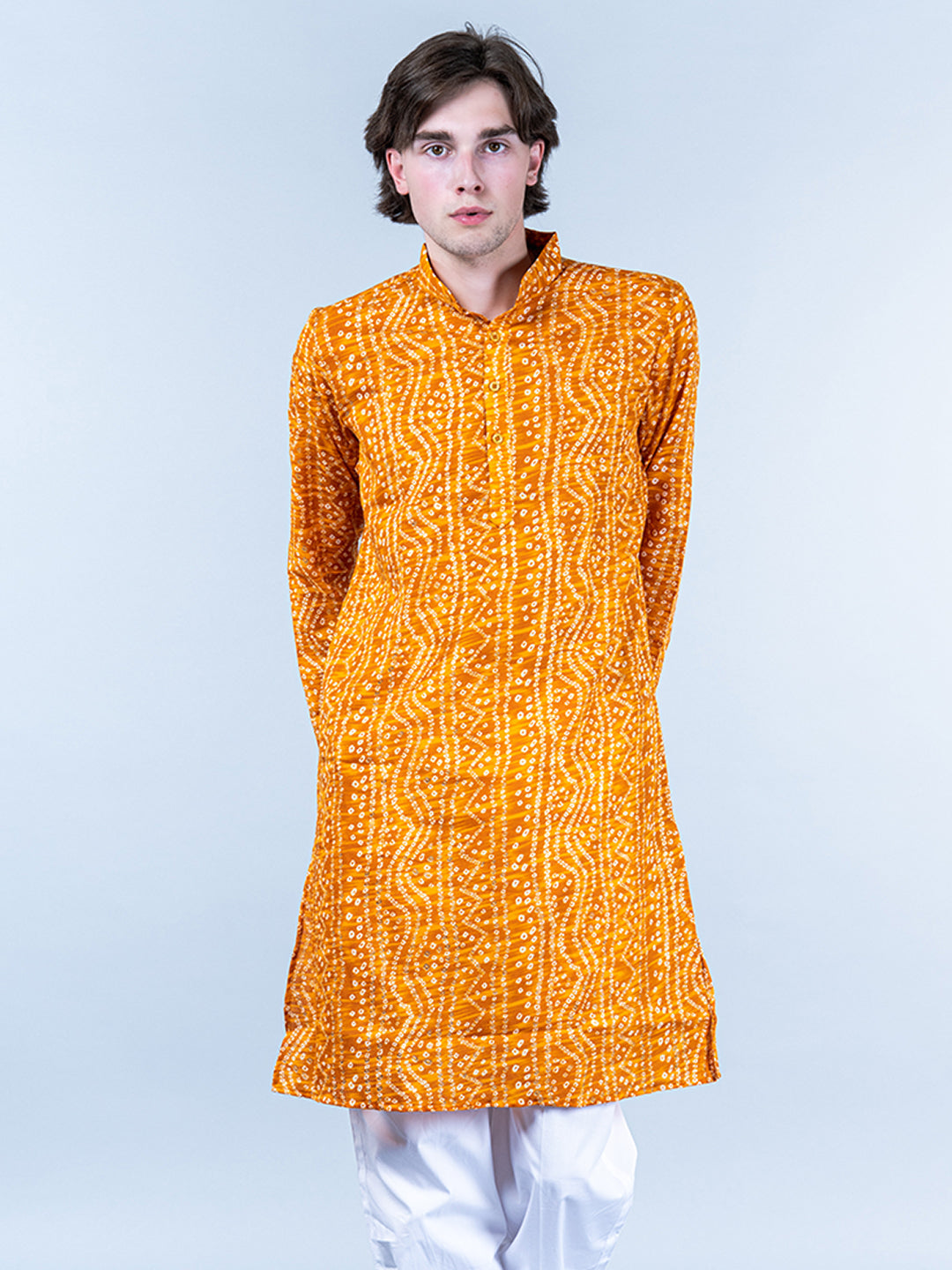 Yellow Bandhani Printed Mens Cotton Kurta