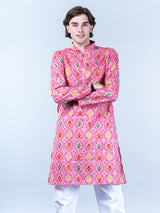 Pink Block Printed Mens Cotton Kurta