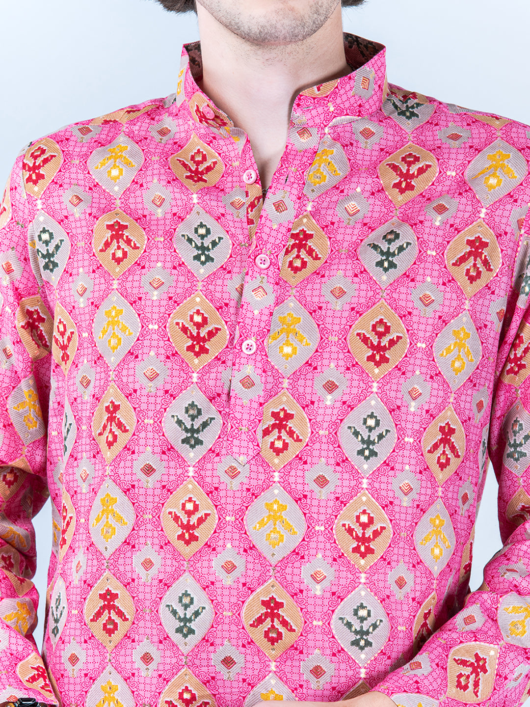 Pink Block Printed Mens Cotton Kurta