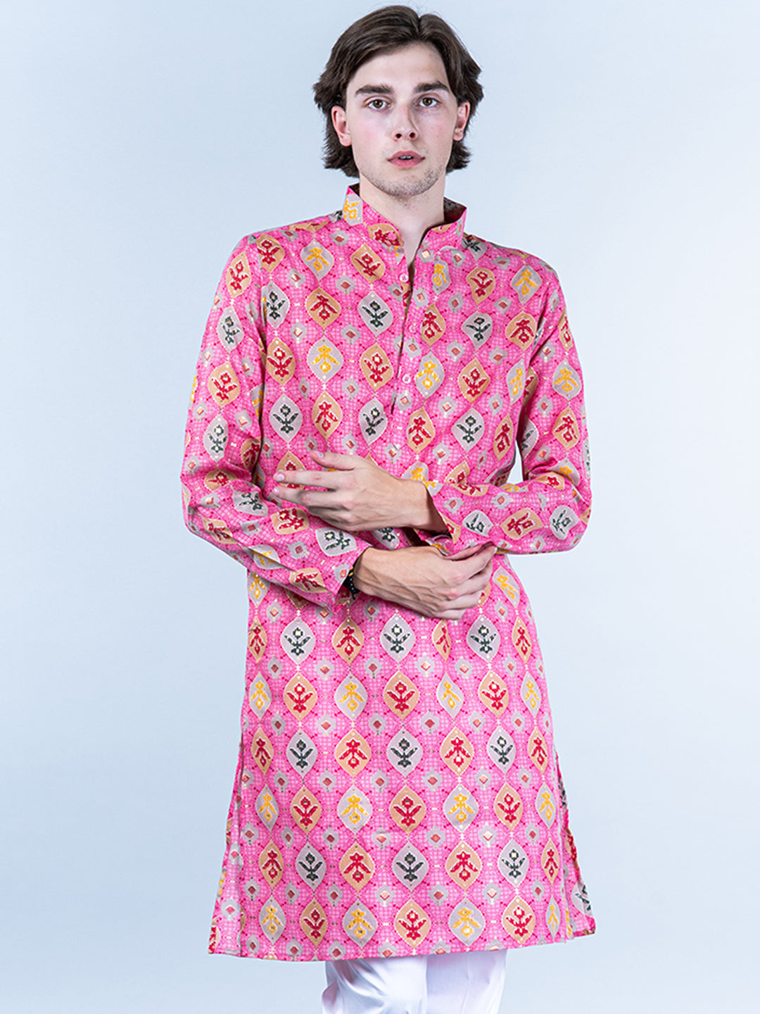 Pink Block Printed Mens Cotton Kurta