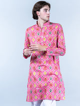 Pink Block Printed Mens Cotton Kurta