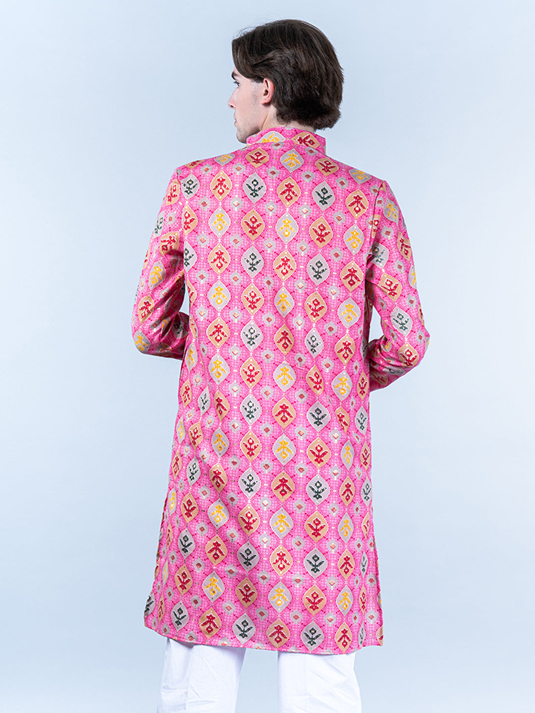 Pink Block Printed Mens Cotton Kurta