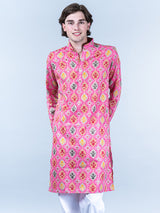 Pink Block Printed Mens Cotton Kurta