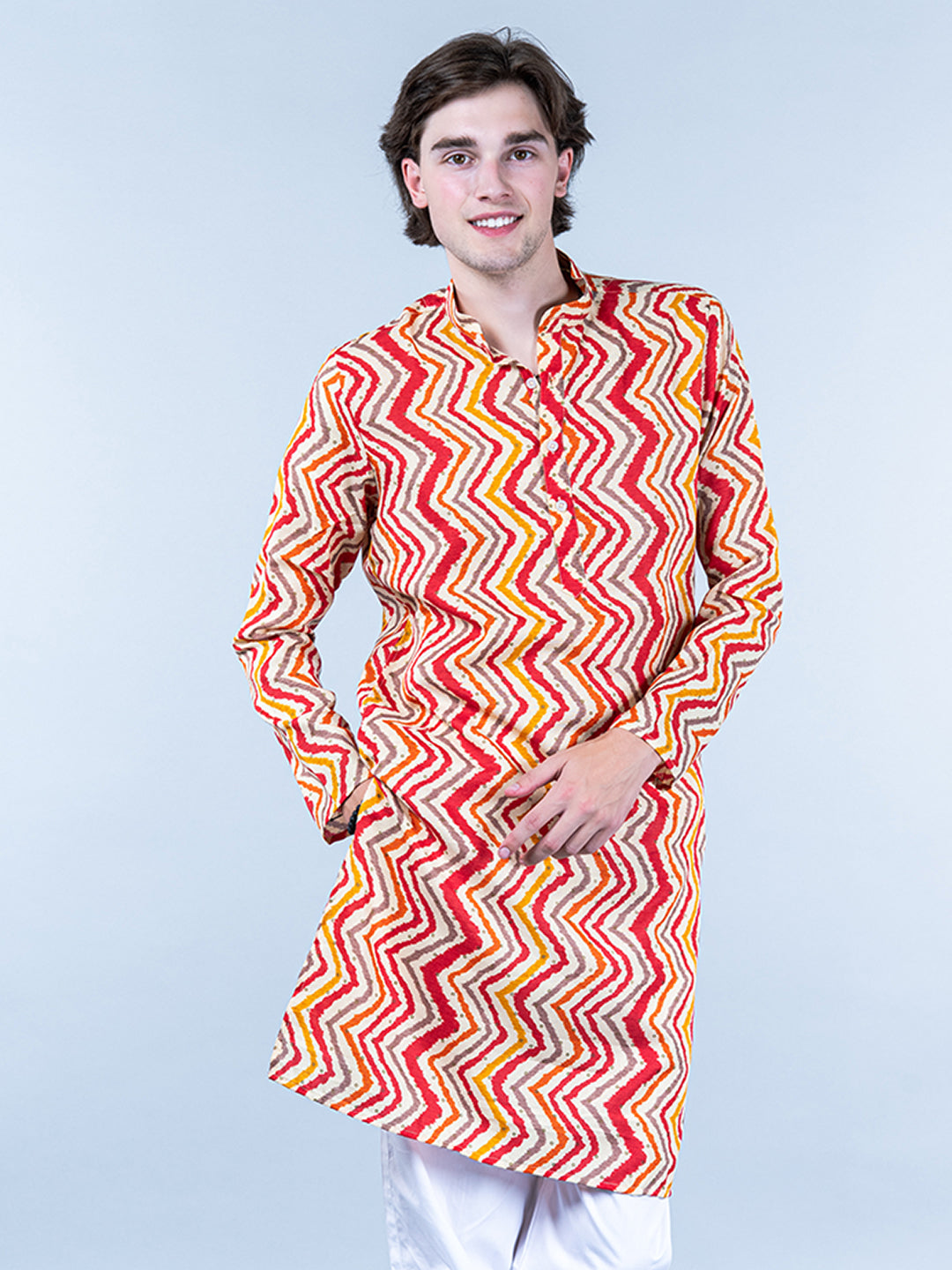 Multi Chevron Printed Cotton Mens Kurta