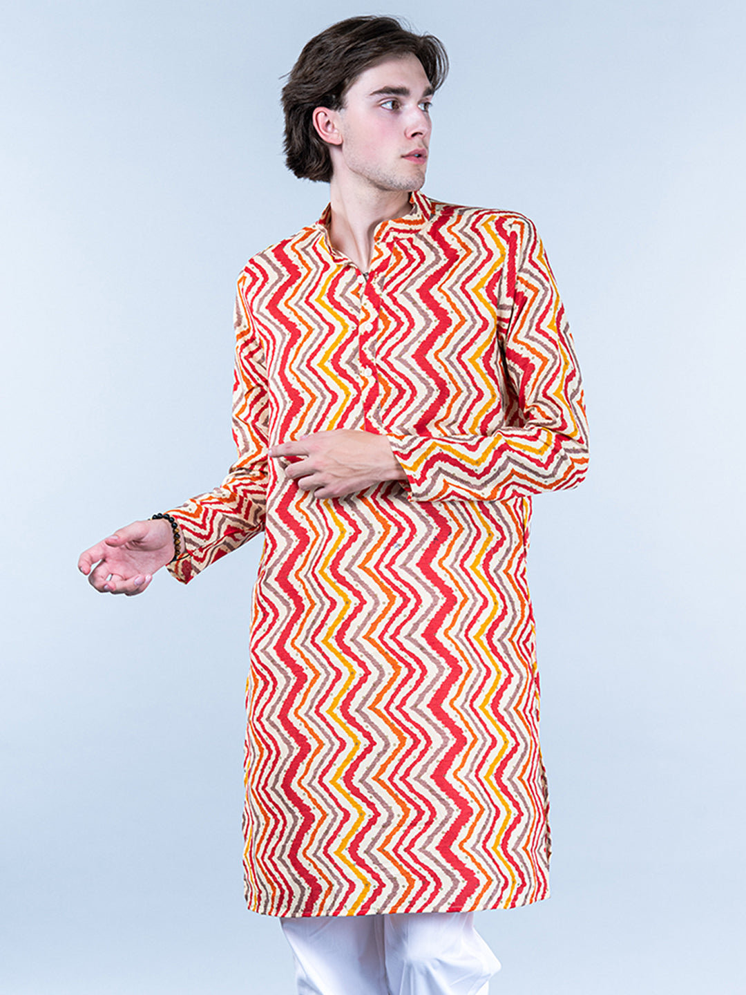 Multi Chevron Printed Cotton Mens Kurta