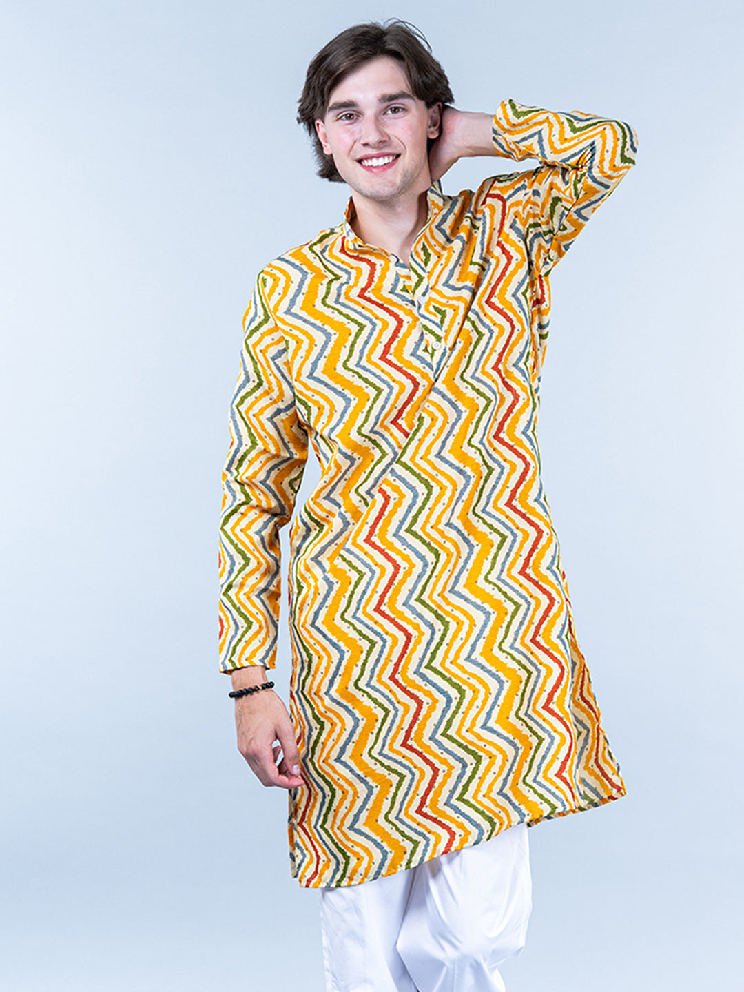 Multi Chevron Printed Cotton Mens Kurta