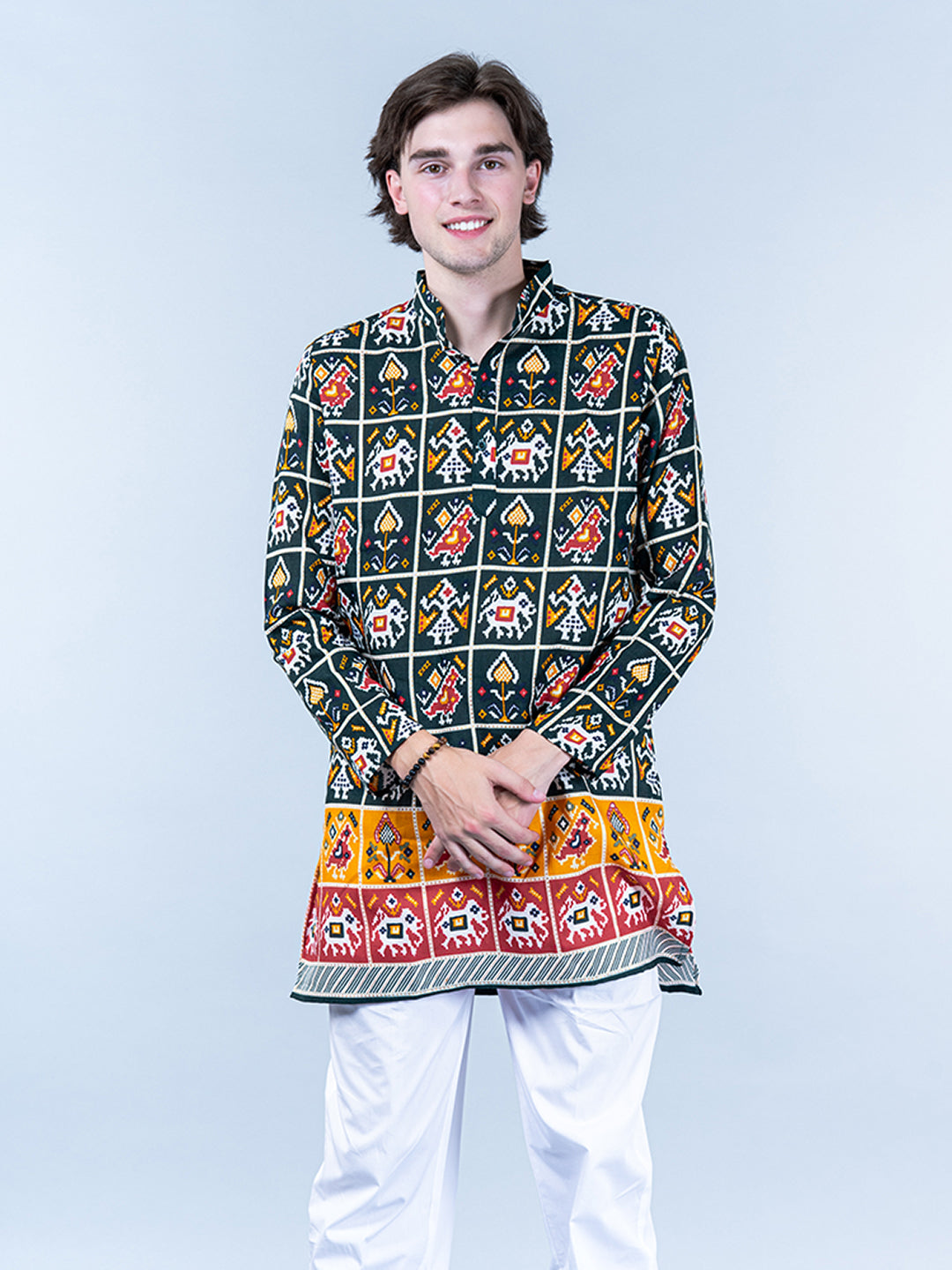 Multi Rajasthani Printed Cotton Mens Short Kurta