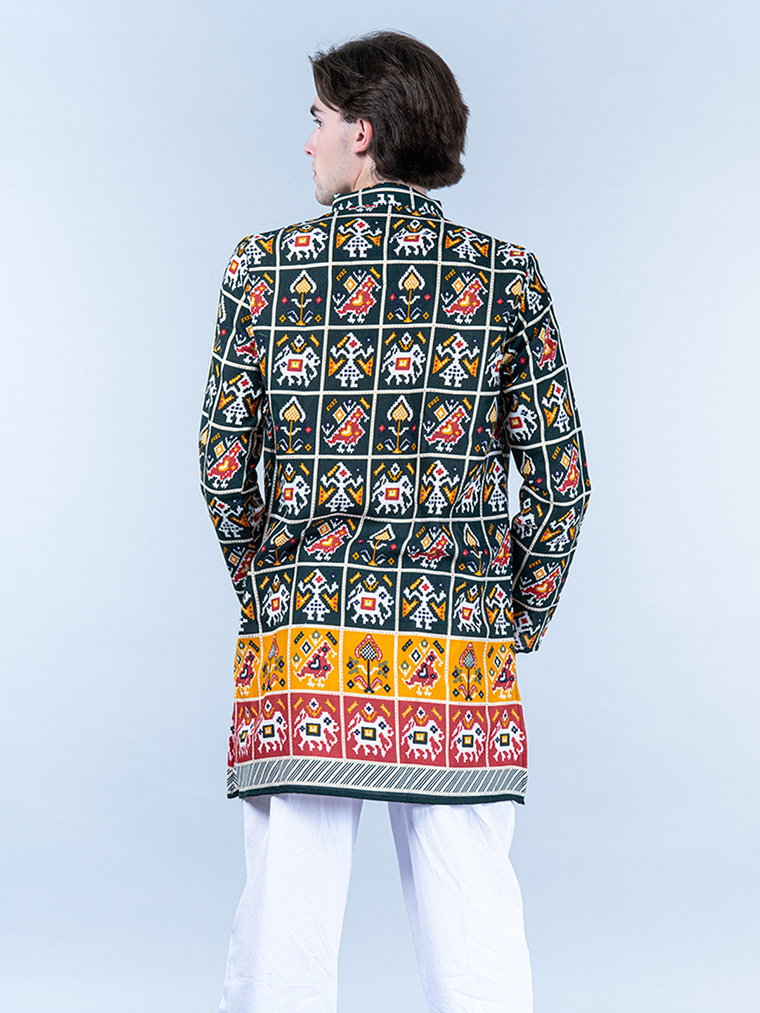 Multi Rajasthani Printed Cotton Mens Short Kurta