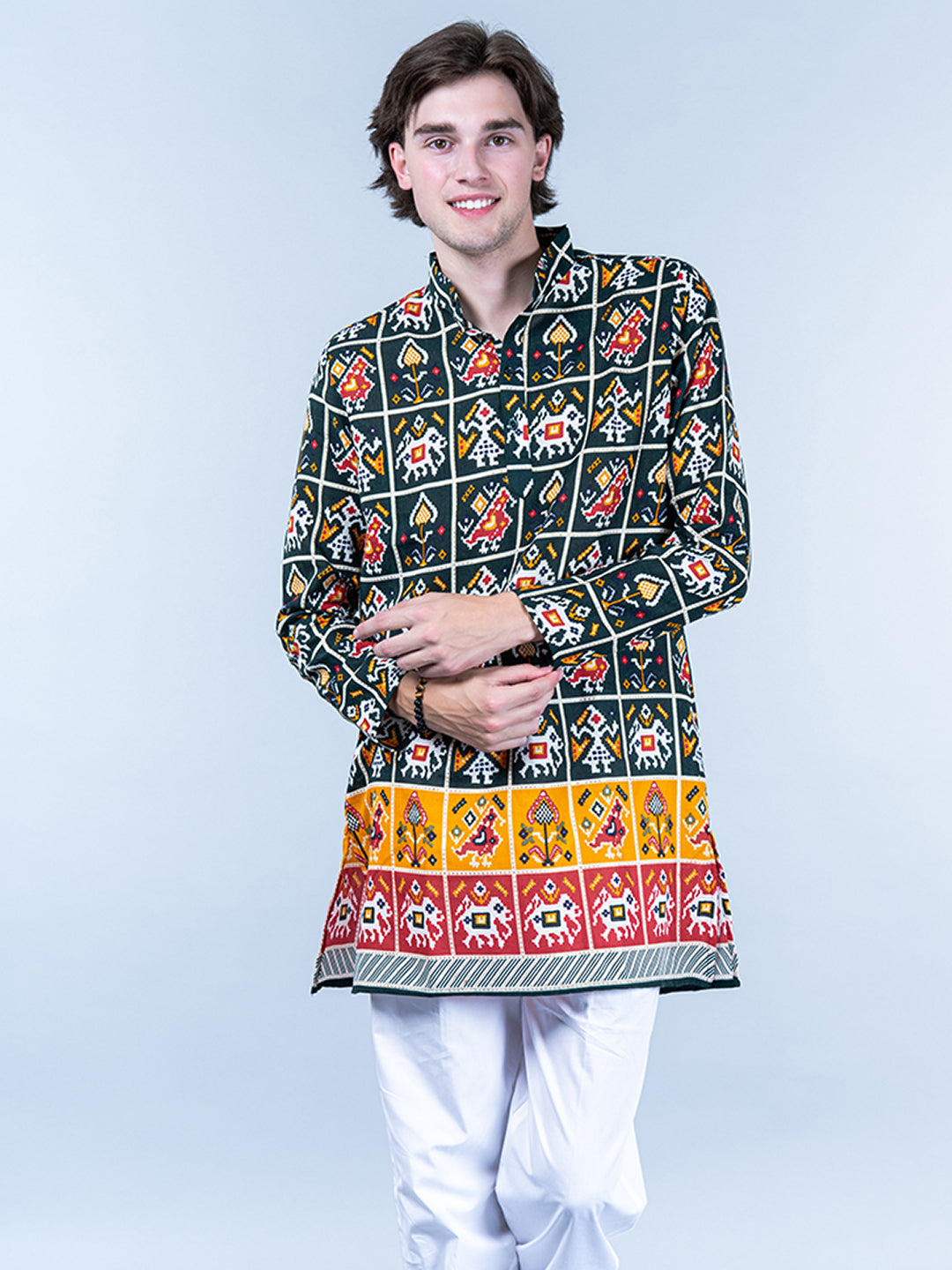 Multi Rajasthani Printed Cotton Mens Short Kurta