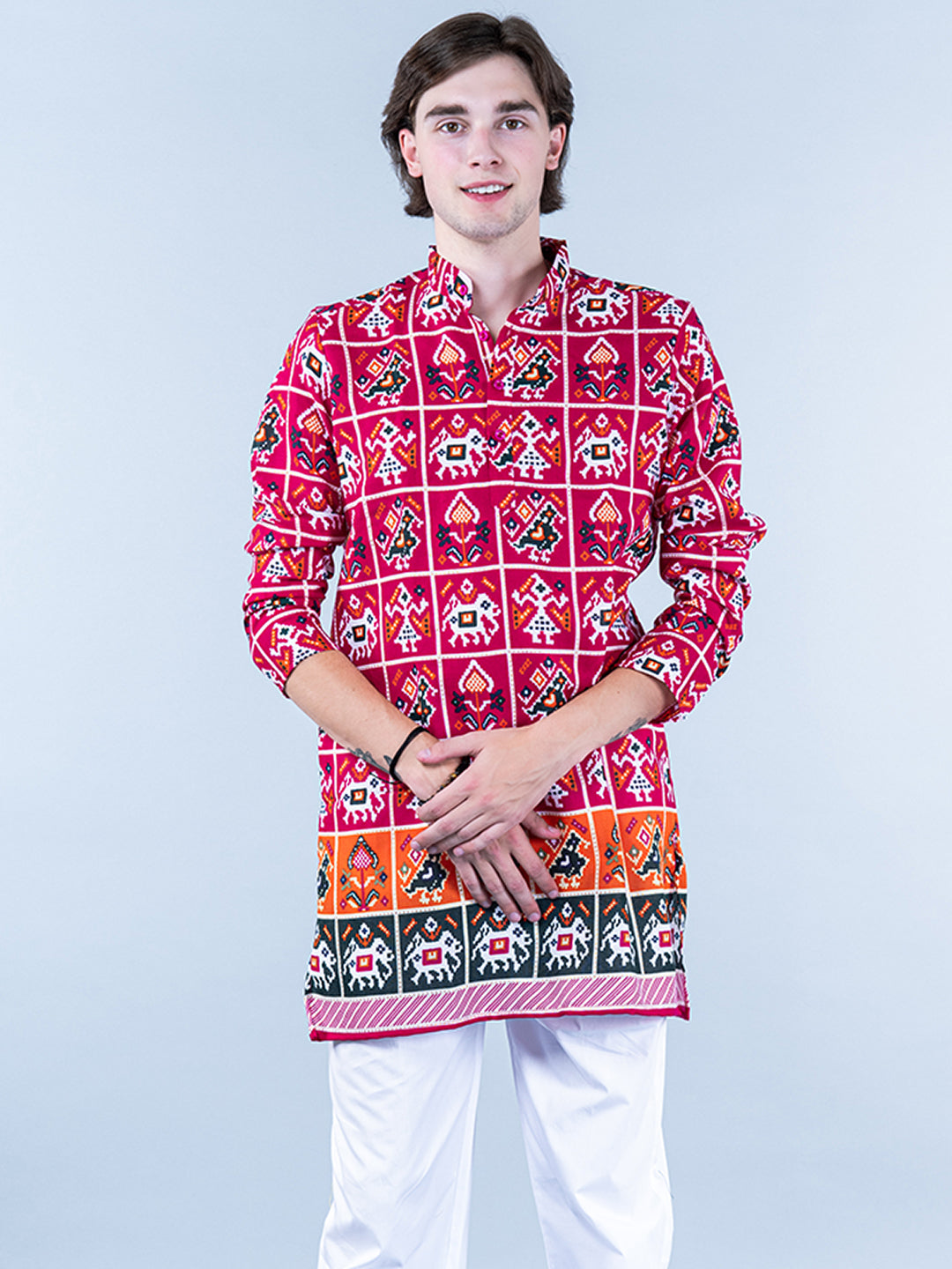 Multi Rajasthani Printed Cotton Mens Short Kurta