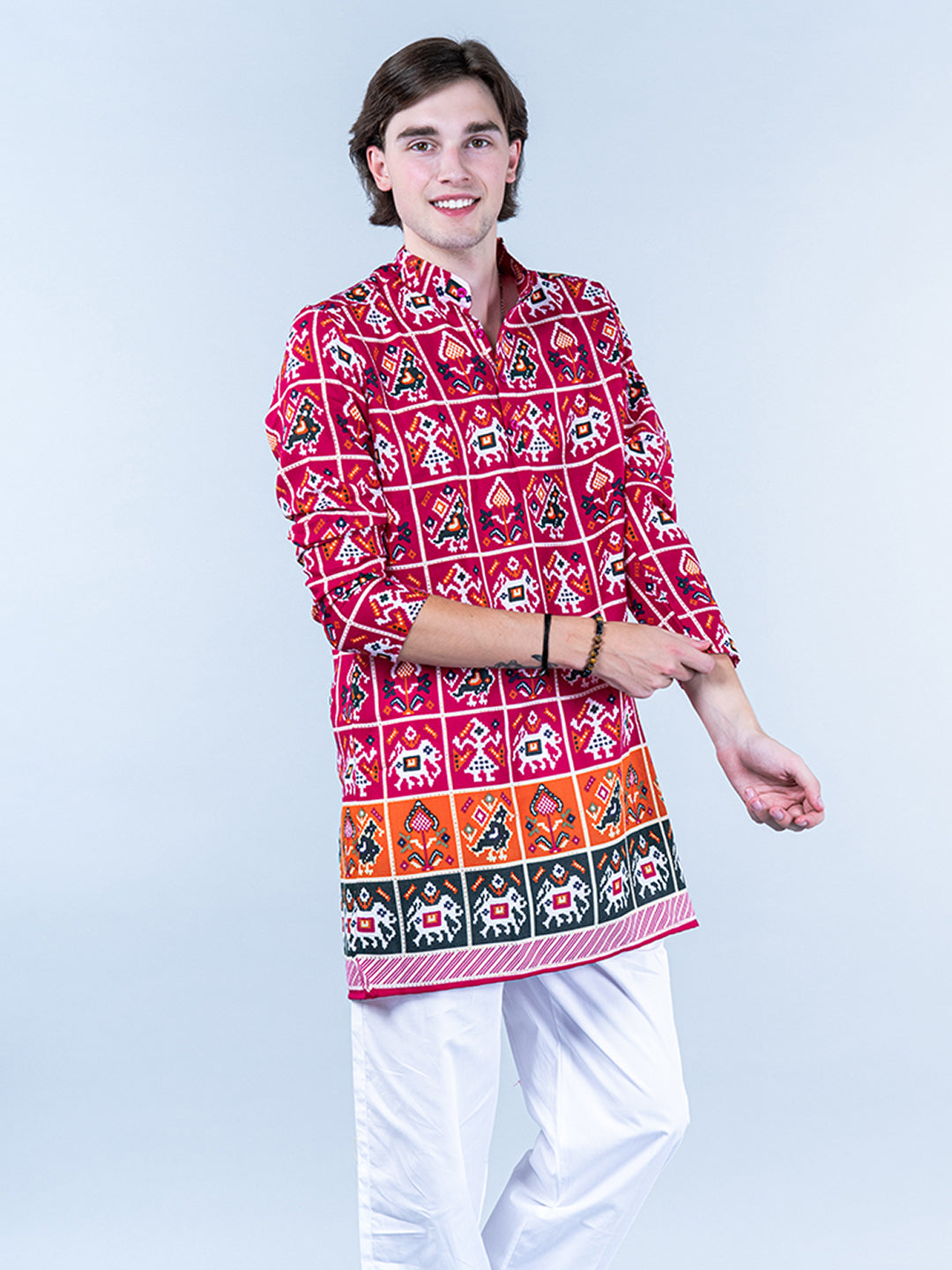 Multi Rajasthani Printed Cotton Mens Short Kurta