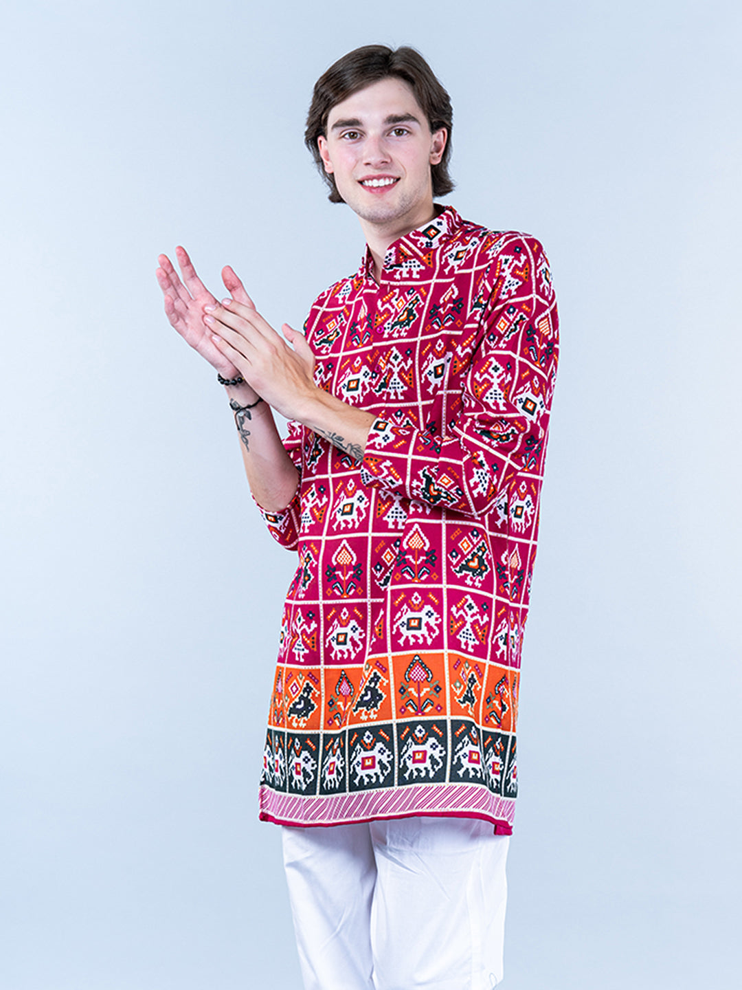 Multi Rajasthani Printed Cotton Mens Short Kurta