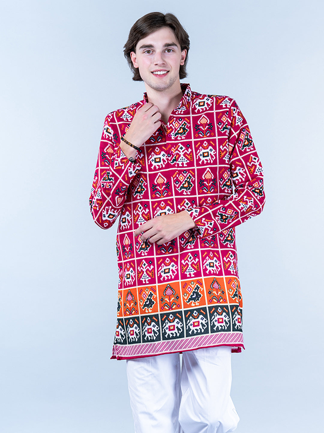 Multi Rajasthani Printed Cotton Mens Short Kurta