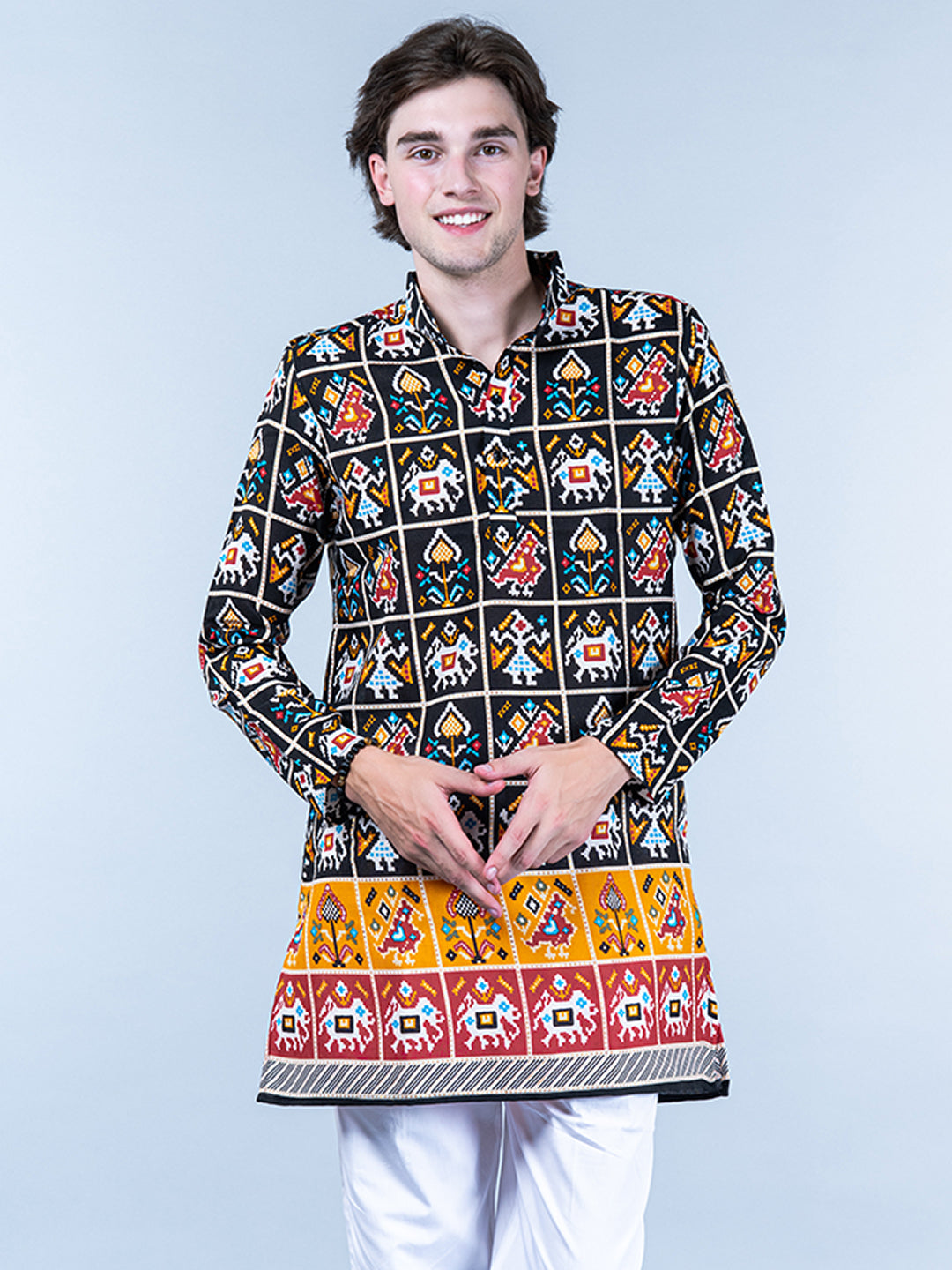 Multi Rajasthani Printed Cotton Mens Short Kurta