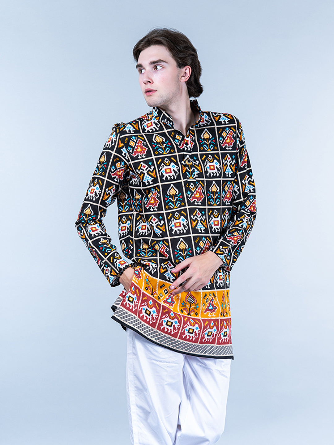 Multi Rajasthani Printed Cotton Mens Short Kurta