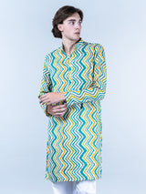 Sky Blue Chevron Printed Cotton Mens Kurta