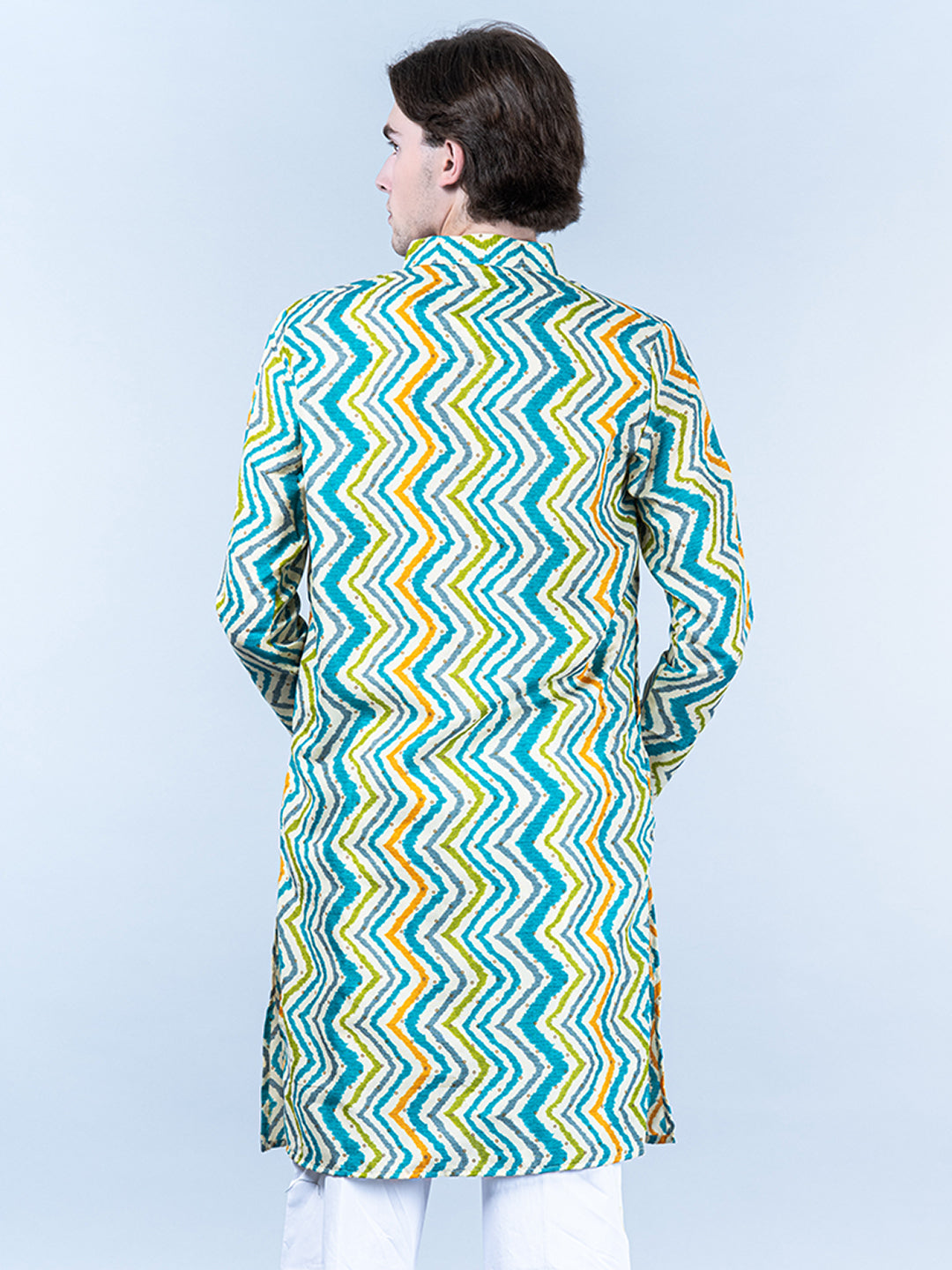 Sky Blue Chevron Printed Cotton Mens Kurta