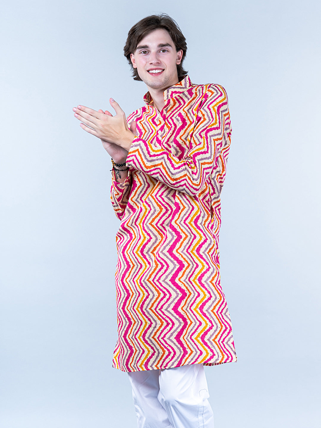 Multi Chevron Printed Cotton Mens Kurta