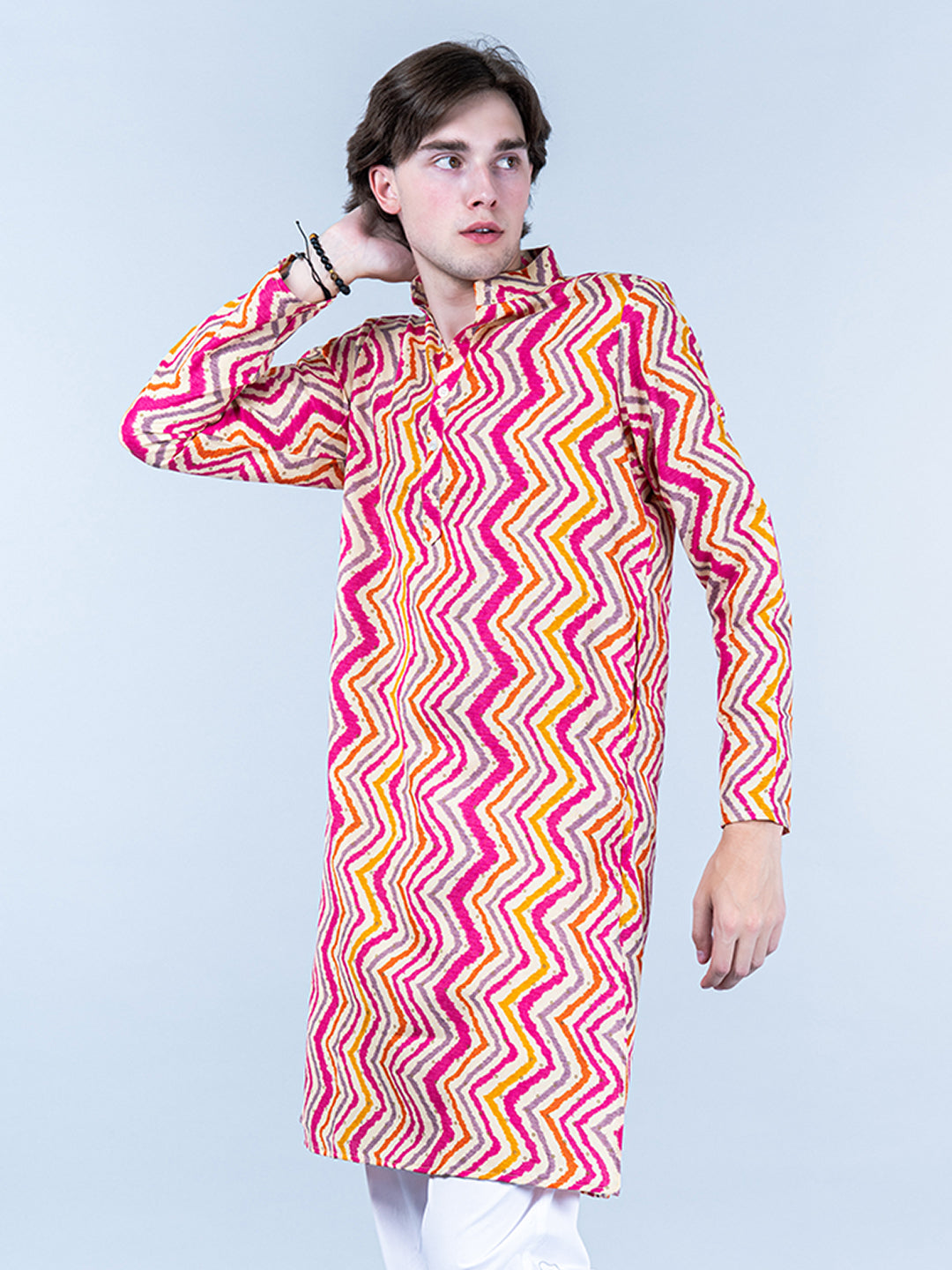 Multi Chevron Printed Cotton Mens Kurta