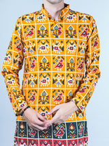 Yellow Rajasthani Printed Cotton Men's Short Kurta