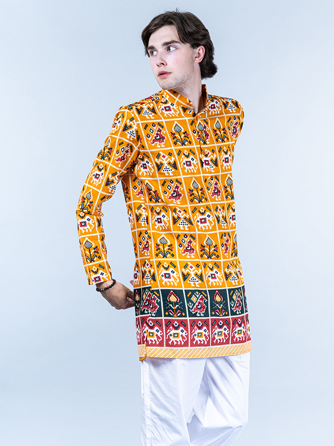 Yellow Rajasthani Printed Cotton Men's Short Kurta