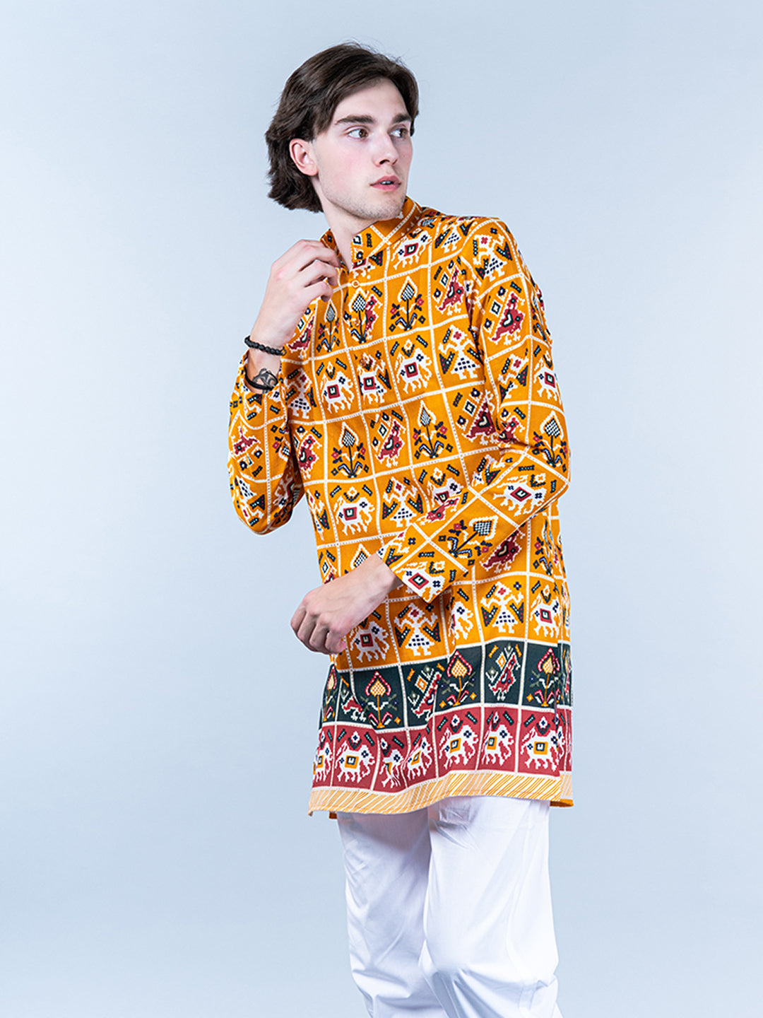 Yellow Rajasthani Printed Cotton Men's Short Kurta