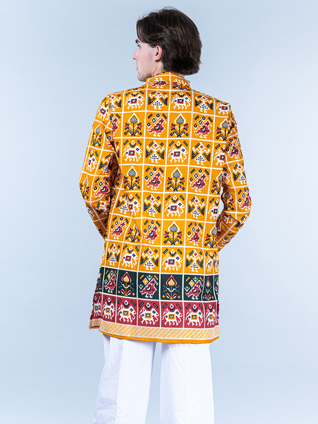 Yellow Rajasthani Printed Cotton Men's Short Kurta