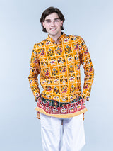 Yellow Rajasthani Printed Cotton Men's Short Kurta