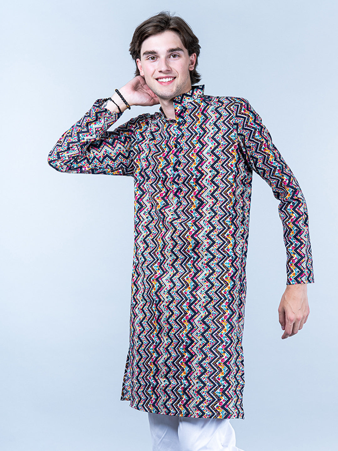 Blue Chevron Printed Cotton Men's Kurta