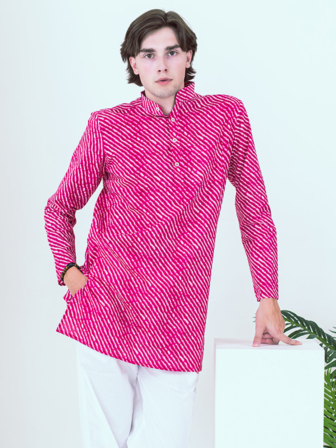 Pink Jaipuri Printed Cotton Mens Short Kurta