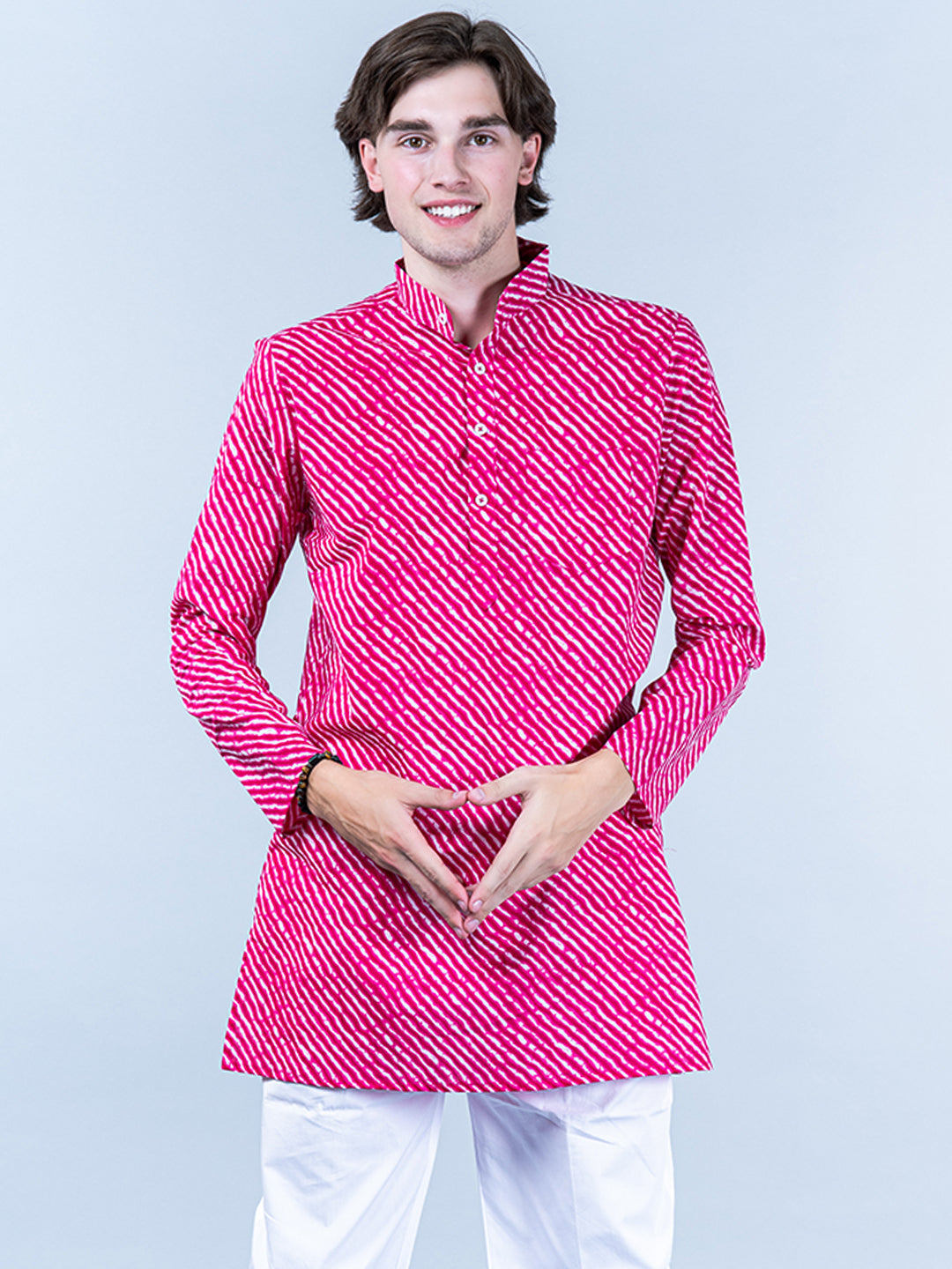 Pink Jaipuri Printed Cotton Mens Short Kurta