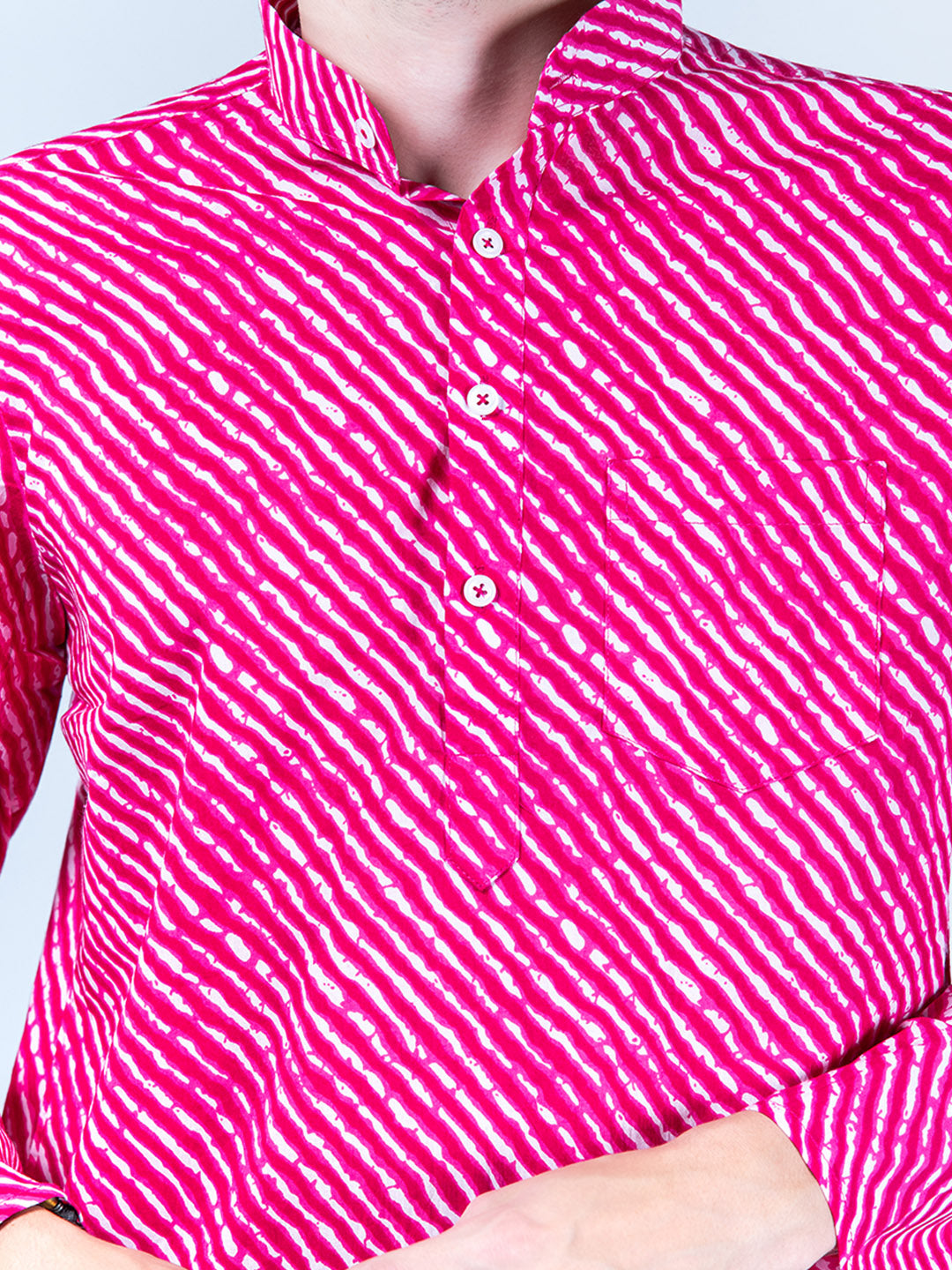 Pink Jaipuri Printed Cotton Mens Short Kurta