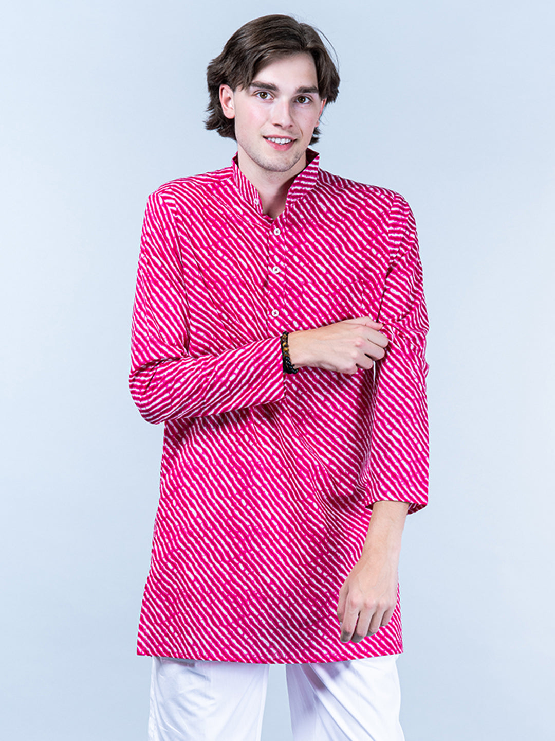 Pink Jaipuri Printed Cotton Mens Short Kurta