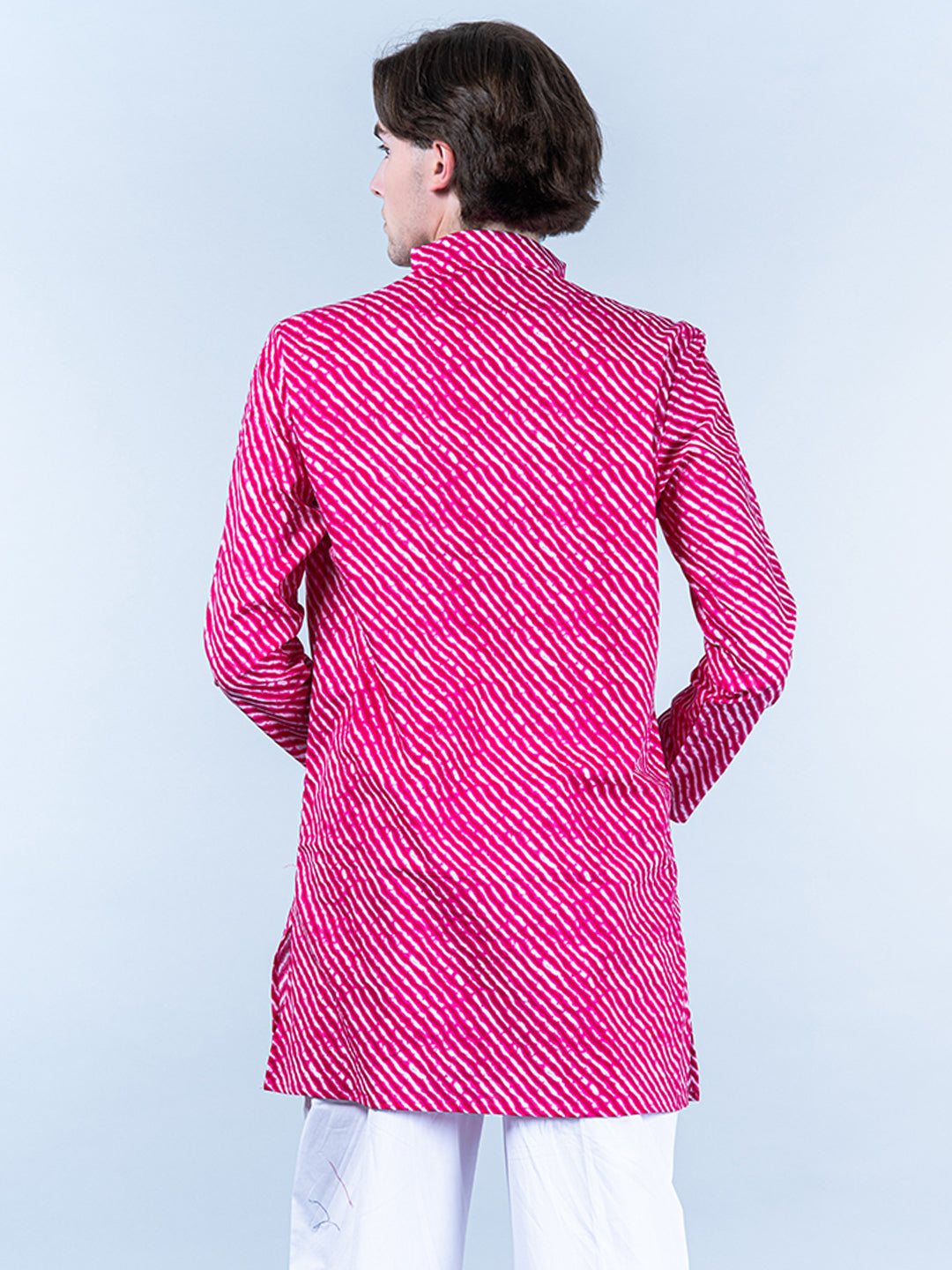 Pink Jaipuri Printed Cotton Mens Short Kurta