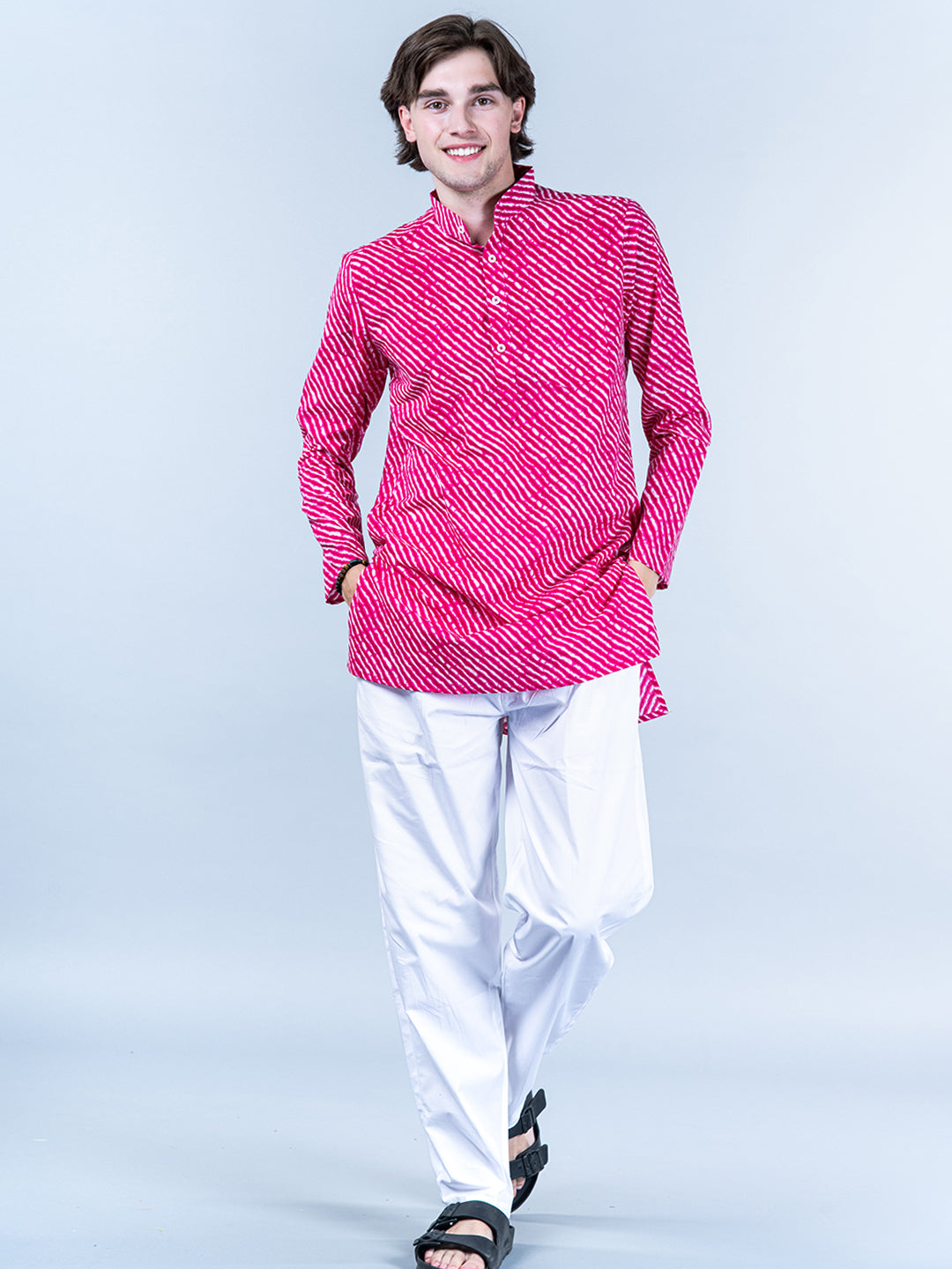 Pink Jaipuri Printed Cotton Mens Short Kurta