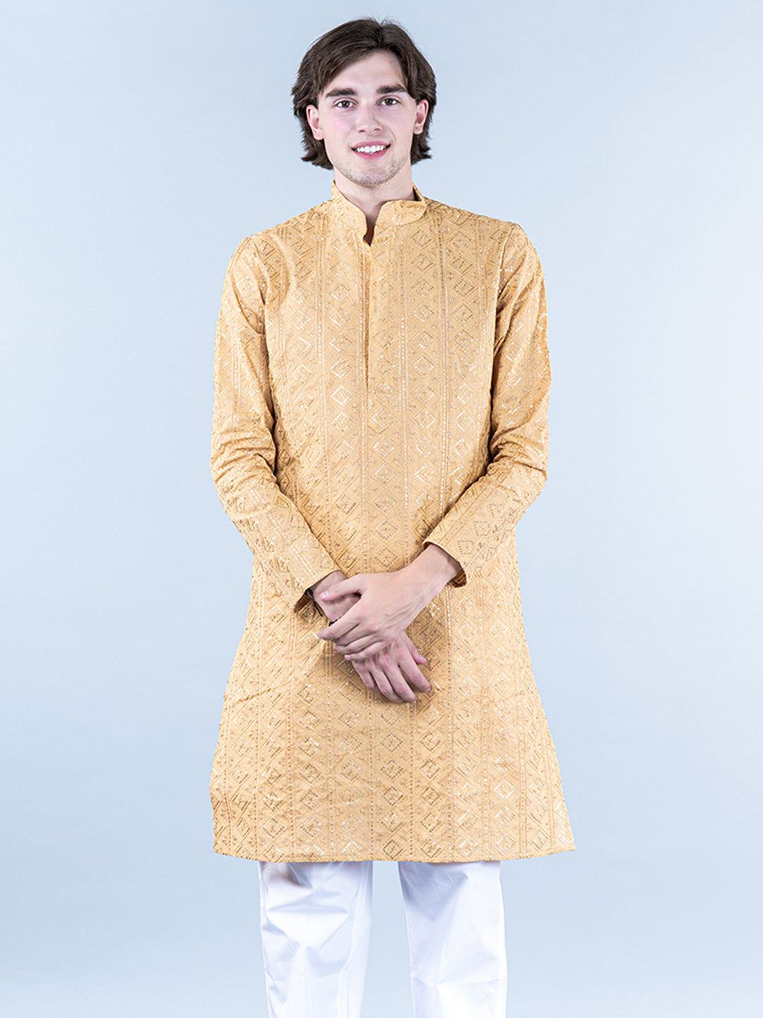 Mid Cream Diamond Embroidered Cotton Mens Kurta