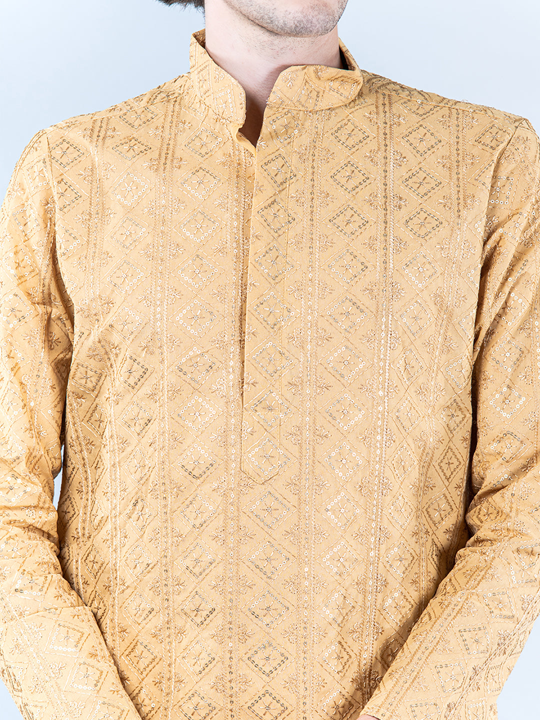 Mid Cream Diamond Embroidered Cotton Mens Kurta