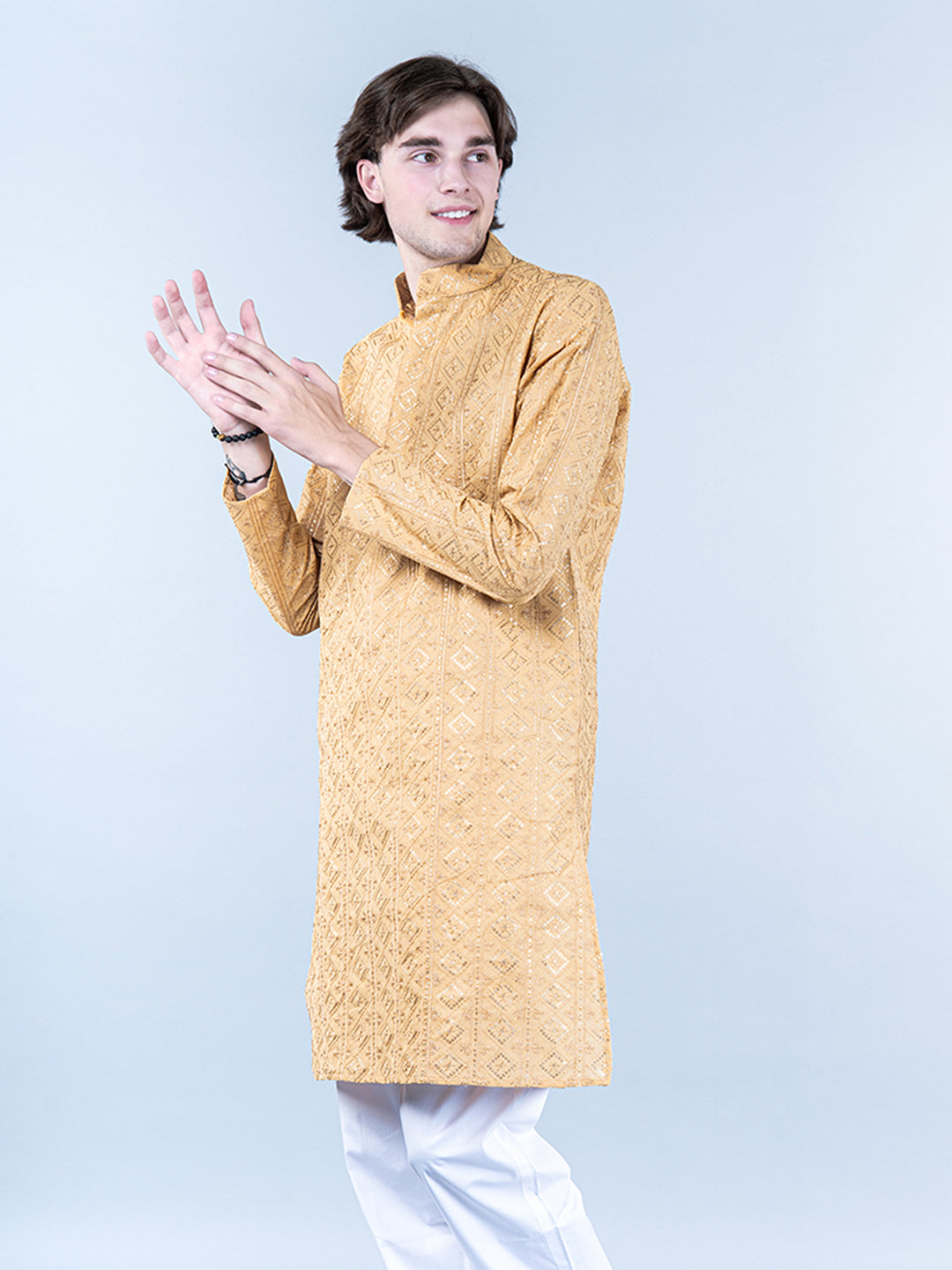 Mid Cream Diamond Embroidered Cotton Mens Kurta