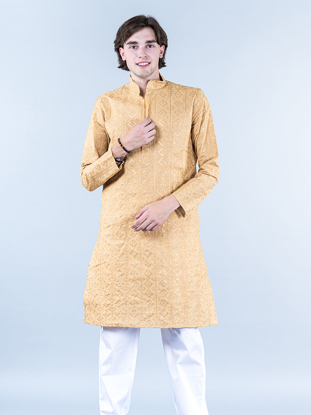 Mid Cream Diamond Embroidered Cotton Mens Kurta