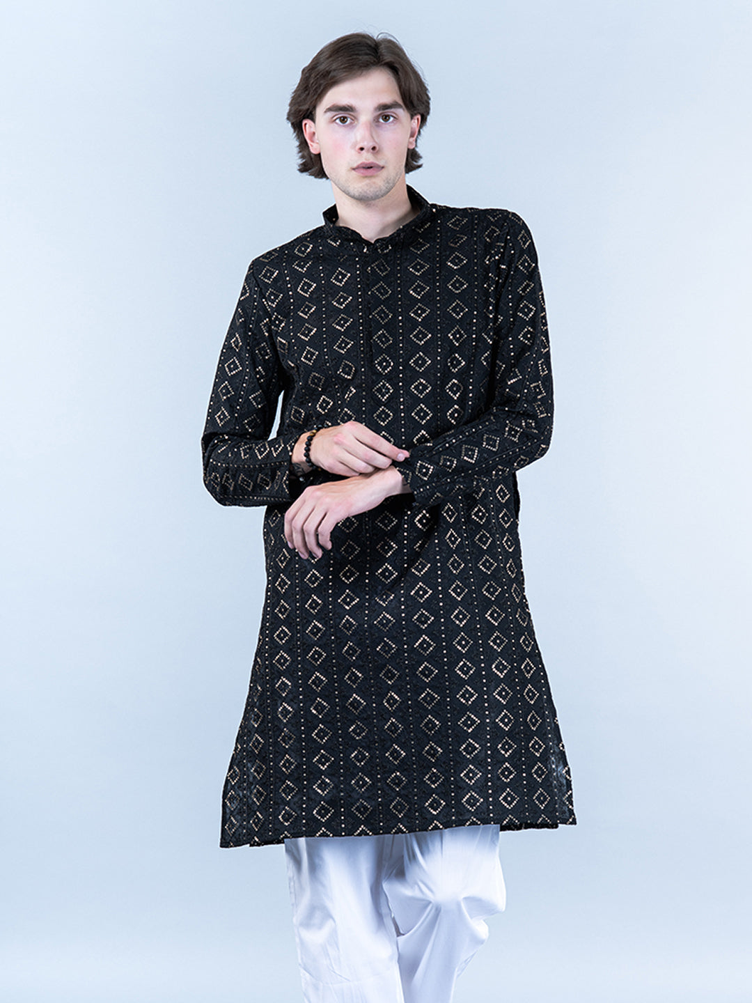 Black Diamond Embroidered Cotton Mens Kurta