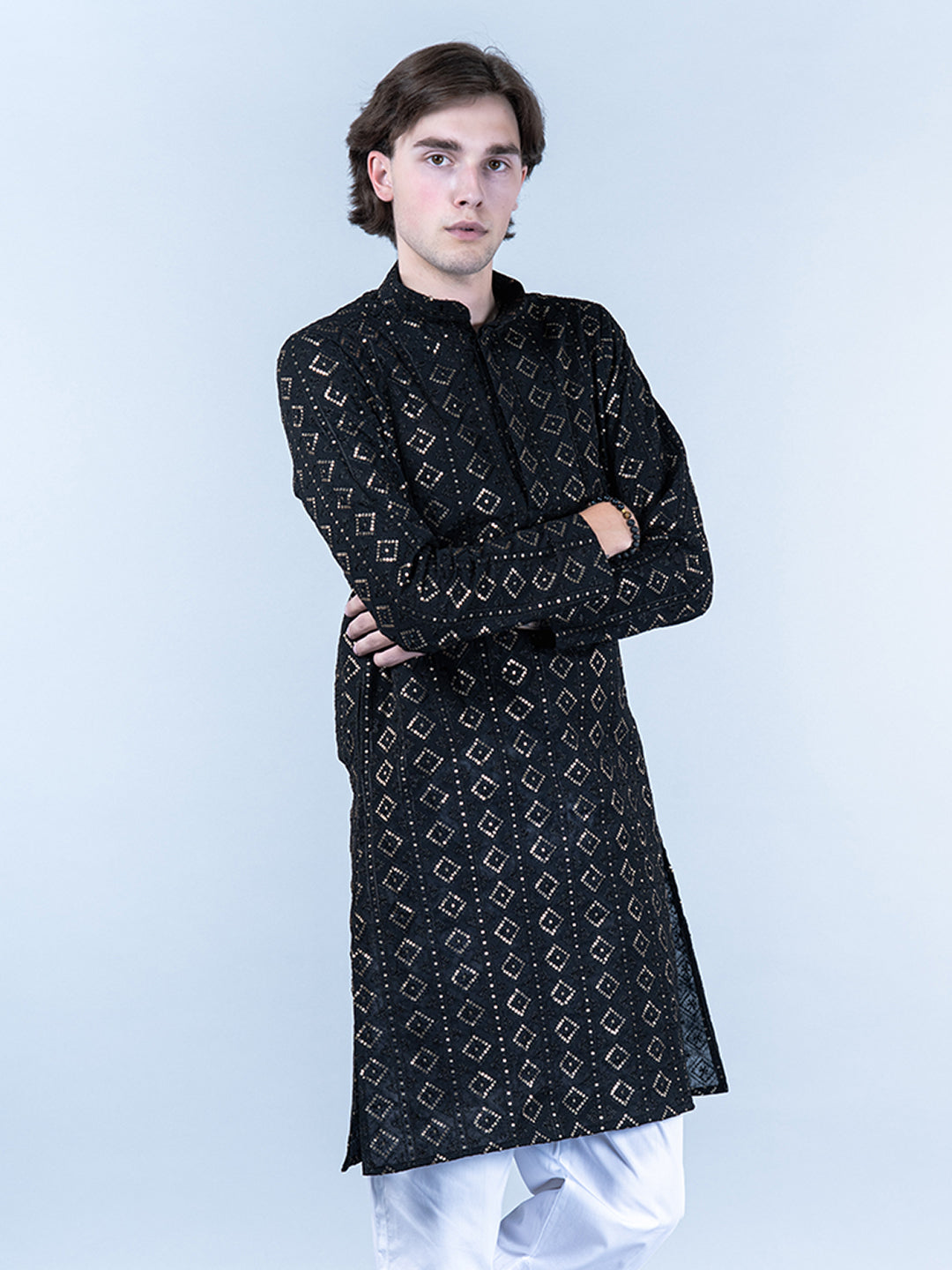 Black Diamond Embroidered Cotton Mens Kurta