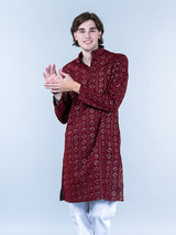 Maroon Diamond Embroidered Cotton Mens Kurta