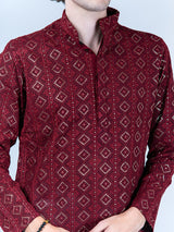 Maroon Diamond Embroidered Cotton Mens Kurta