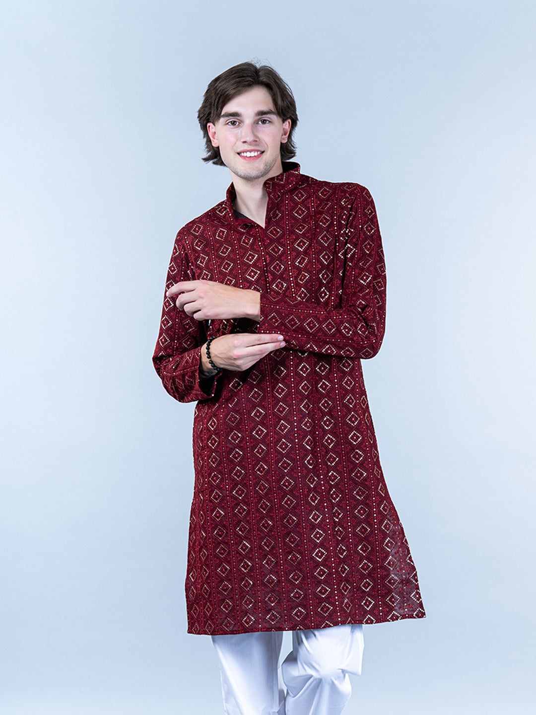 Maroon Diamond Embroidered Cotton Mens Kurta