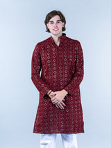 Maroon Diamond Embroidered Cotton Mens Kurta