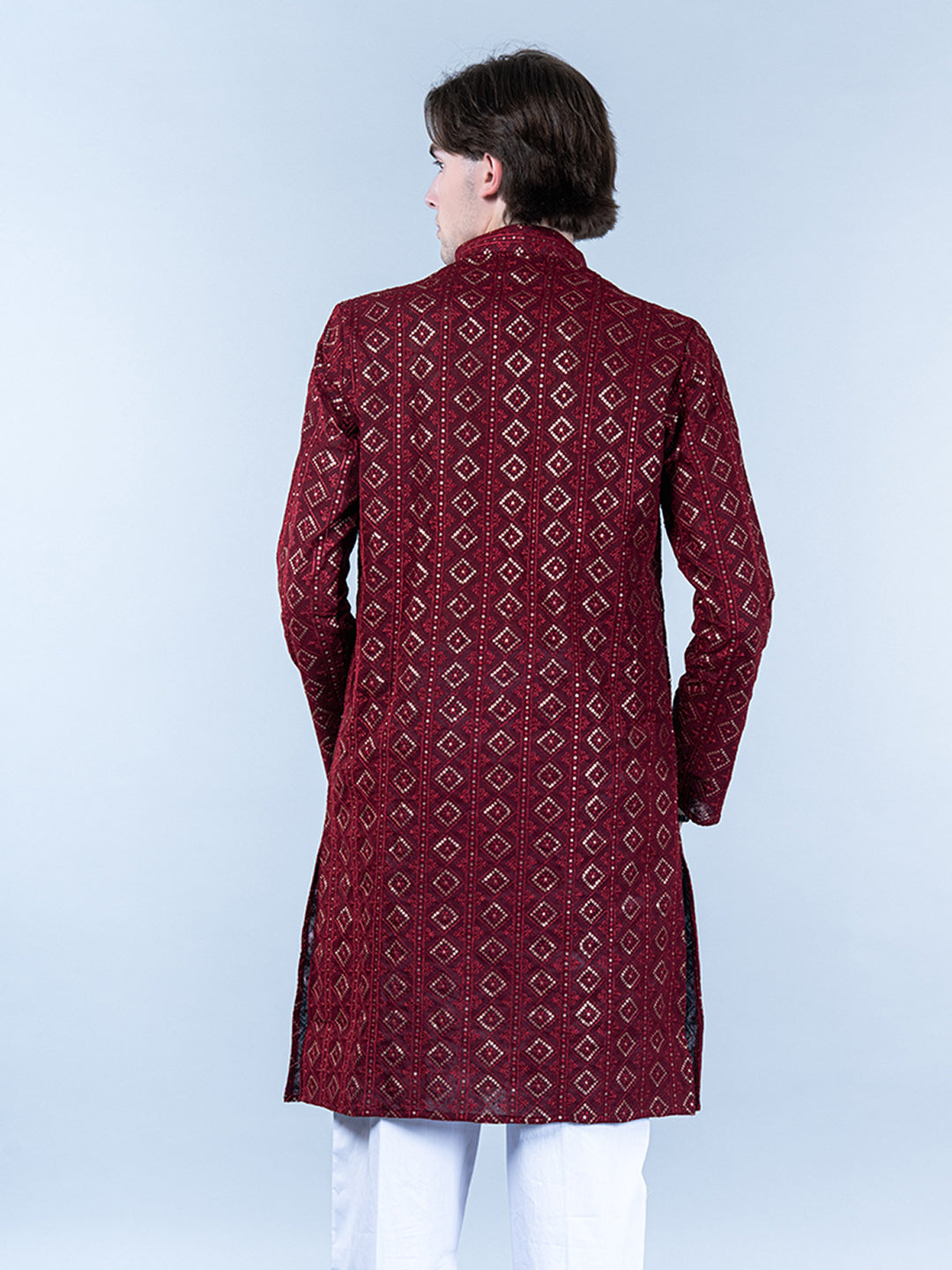 Maroon Diamond Embroidered Cotton Mens Kurta