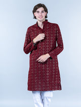 Maroon Diamond Embroidered Cotton Mens Kurta